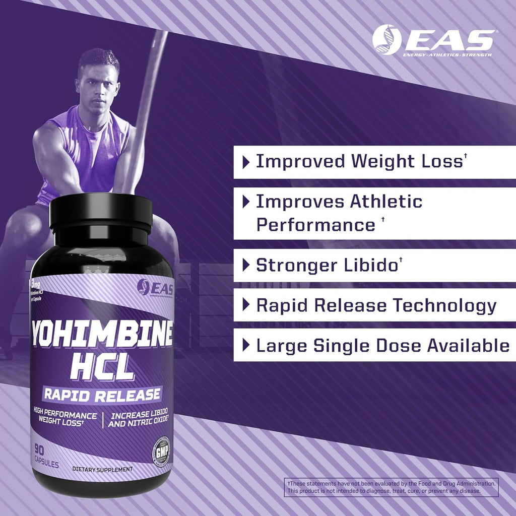 EAS Yohimbine HCL | Improved Weight Loss & Athletic Performance | Rapid Release Technology | Gluten Free, Non GMO, Vegetarian Friendly | 90 Capsules