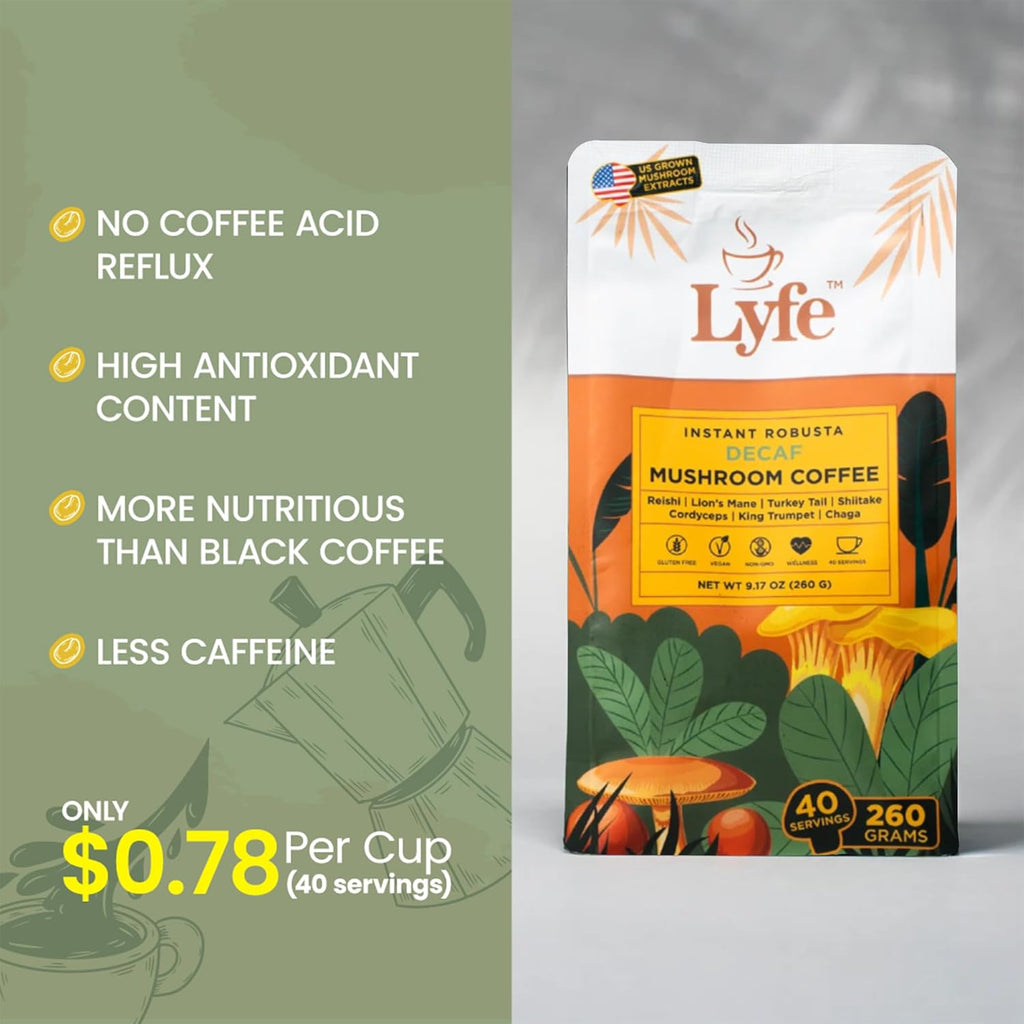 LYFE Organic Instant Decaf Mushroom Coffee – Lion’s Mane, Chaga, Cordyceps, Turkey Tail | USA Grown Adaptogenic Mushrooms for Better Energy, Focus, Gut Health, Immunity – 40 Servings