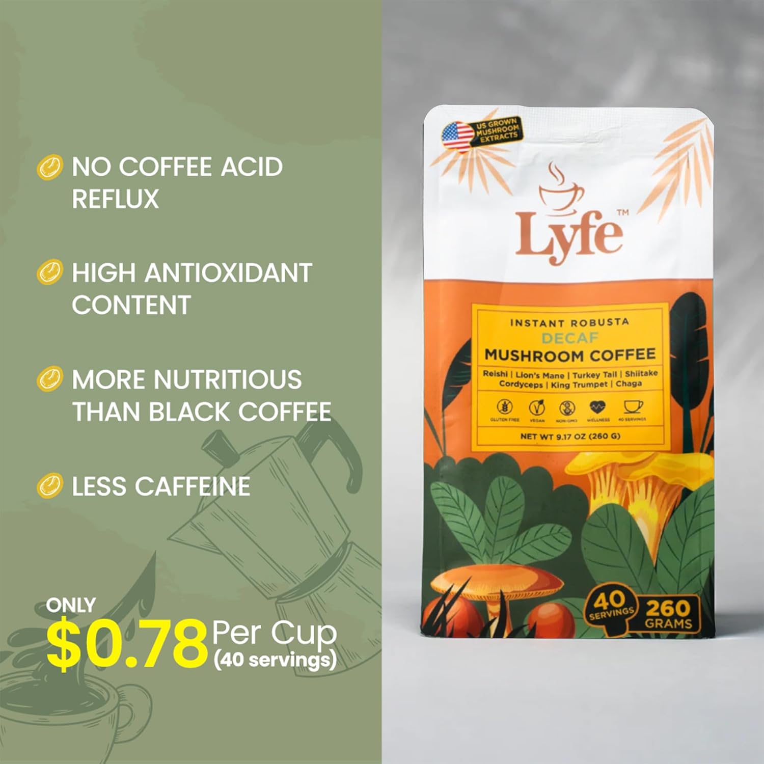LYFE Organic Instant Decaf Mushroom Coffee – Lion’s Mane, Chaga, Cordyceps, Turkey Tail | USA Grown Adaptogenic Mushrooms for Better Energy, Focus, Gut Health, Immunity – 40 Servings