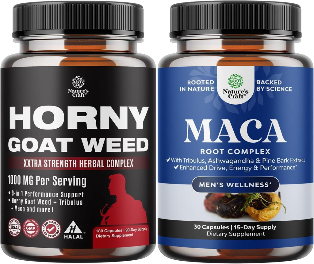 Bundle of Horny Goat Weed for Male Enhancement for Stamina & Energy and Black Maca Root Capsules for Men - Herbal Enhancement Supplement for Men