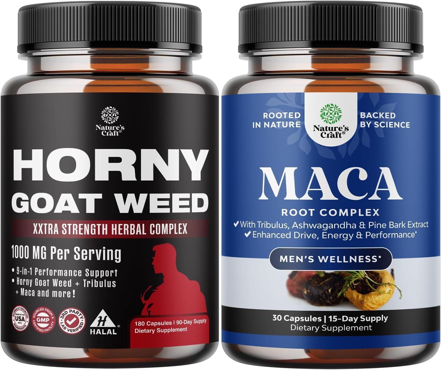 Bundle of Horny Goat Weed for Male Enhancement for Stamina & Energy and Black Maca Root Capsules for Men - Herbal Enhancement Supplement for Men