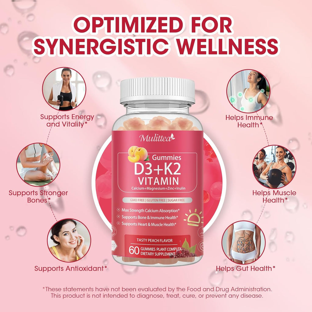 Vitamin D3 10000 IU + K2 (MK-7) 200mcg w/Calcium Magnesium Zinc Elderberry & Inulin-Highly Bioavailable-Enhanced Absorption for Immune & Bone Support- K2 D3 Vitamin Supplement-Vegan Gummies