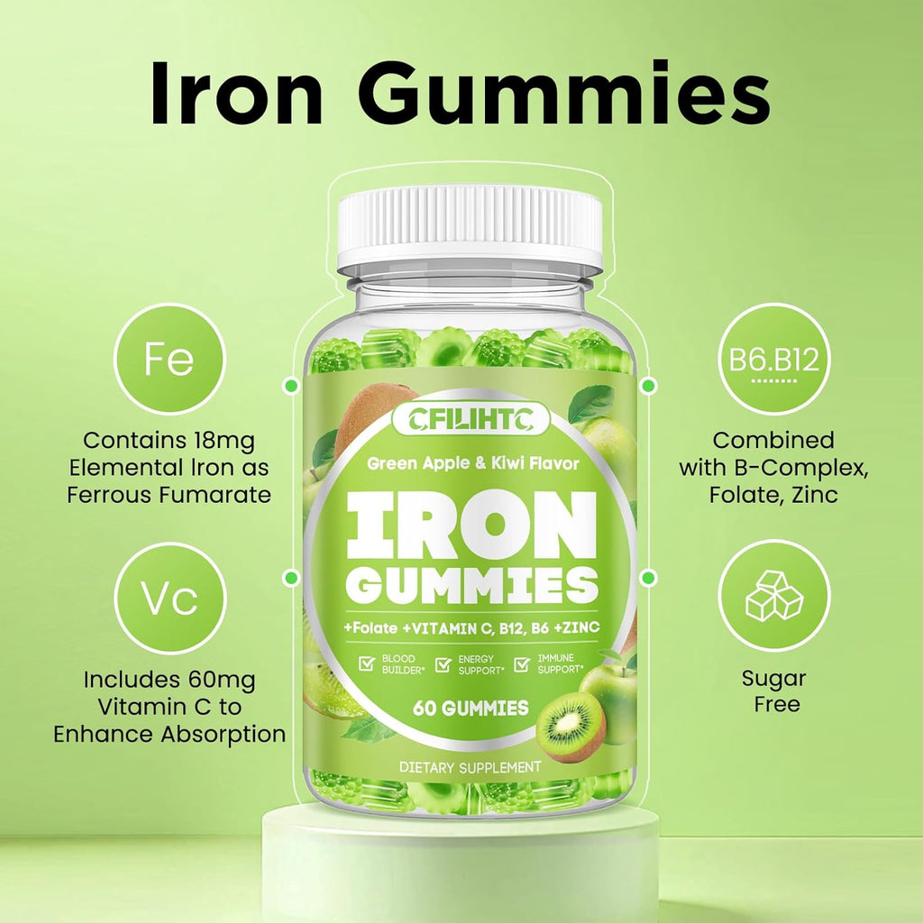 Center-Filled Iron Gummies for Adults & Kids - Iron Supplement with Vitamin B6, B12, C, Zinc, Folate - Support Women Iron Deficiency, Anemia, Blood Builder - Sugar Free Vegan 60ct Apple & Kiwi Flavor