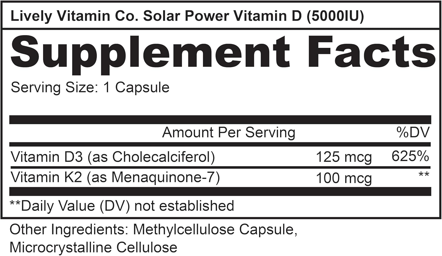 LIVELY VITAMIN CO. Solar Power Vitamin D3 5000 iu - Patented Vitamin K - MK7 - Immune Balance - Brain Function - Mood - Heart - Stress - 180 Count