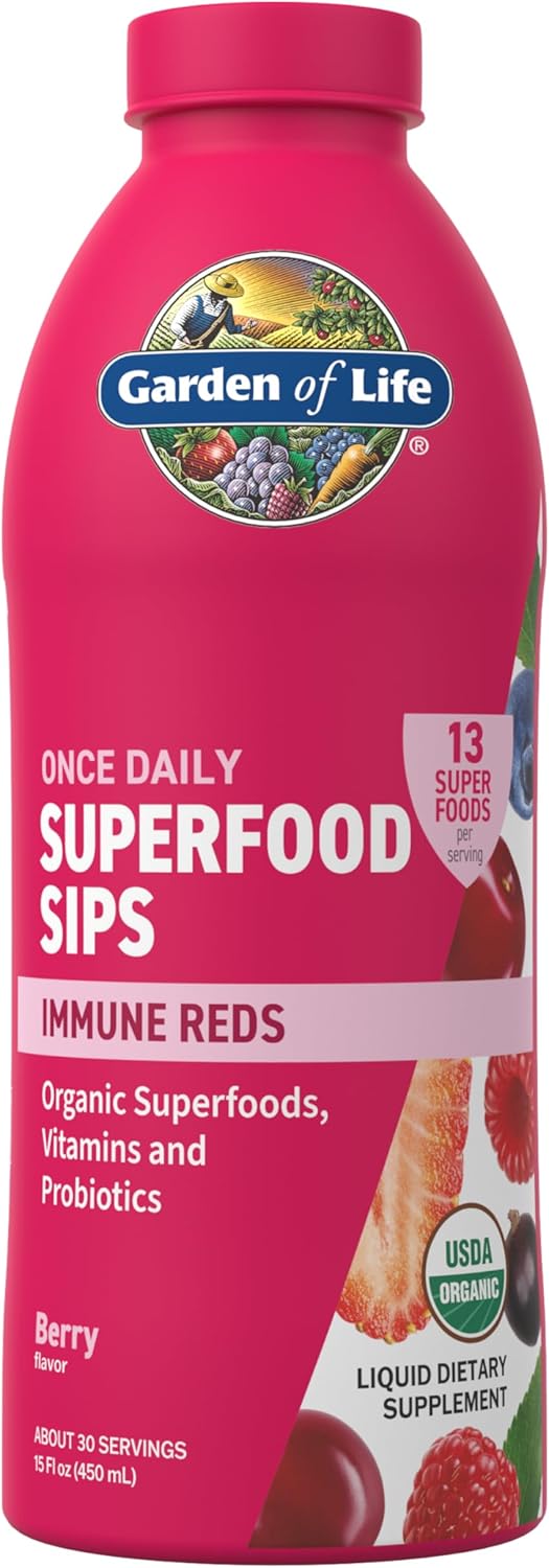 Garden of Life Superfoods Sips, 30 Servings, Vitamins, Probiotics, 13 Organic Superfoods, Functional Mushrooms, Immunity Reds, Once Daily, Organic, Vegan, Preservative-Free, Berry Flavor