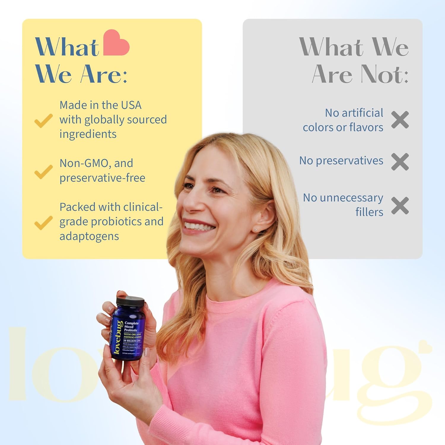 LoveBug Complete Mood Probiotics for Women - 50 Billion CFU, 10 Clinically Studied Strains, Lactobacillus Bifidobacterium Probiotic with Ashwagandha Digestive Health, Mood Support Supplement, 30 Count