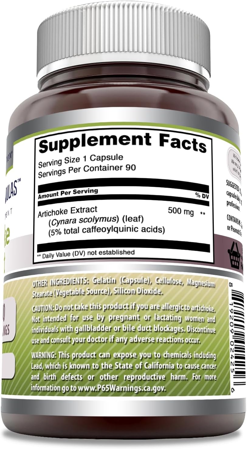 Amazing Formulas Artichoke Extract Supplement | Cynara Scolymus Leaf Capsules| 500 Mg | Capsules | Non-GMO | Gluten Free | Made in USA (1 Pack, 90 Count)