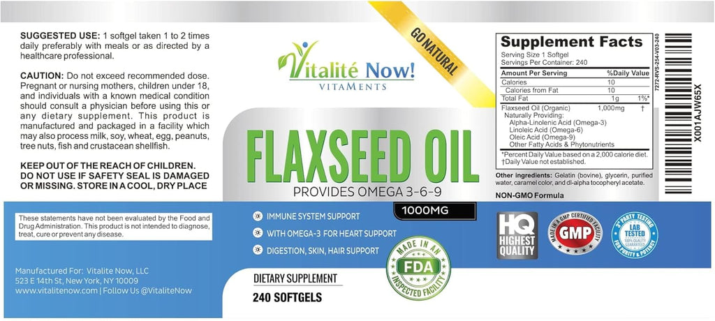 Upsize Best Organic Flaxseed Oil Softgels - 1000mg Premium, Virgin Cold Pressed from Flax Seeds - Hair Skin & Nails Support - Omega 3-6-9 Supplement - 240 Count - More Than 8 Month Supply!