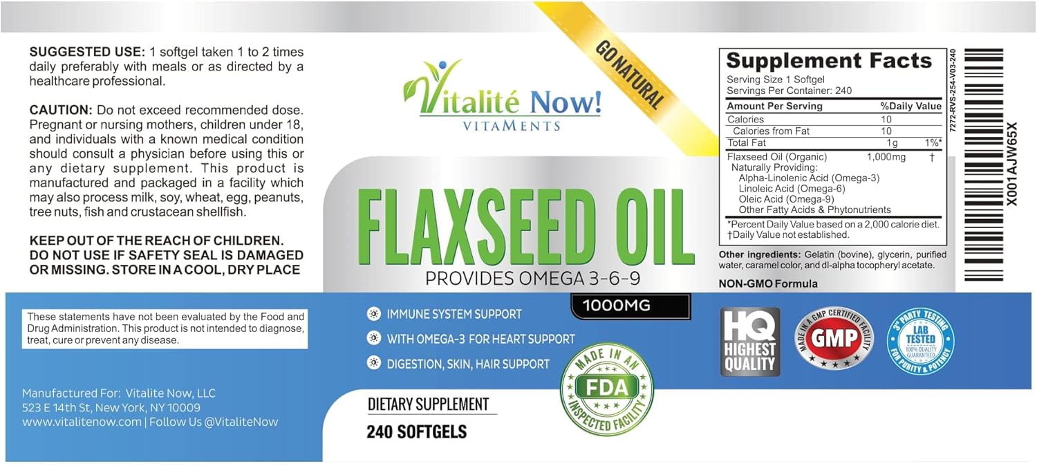 Upsize Best Organic Flaxseed Oil Softgels - 1000mg Premium, Virgin Cold Pressed from Flax Seeds - Hair Skin & Nails Support - Omega 3-6-9 Supplement - 240 Count - More Than 8 Month Supply!