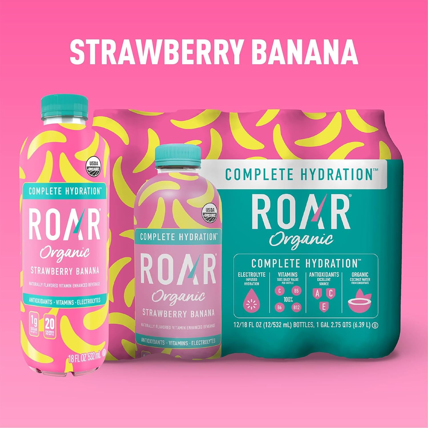 Roar Complete Hydration Organic - Electrolyte Drinks Loaded with Vitamins C, B5, B12 - Non-GMO, Gluten-Free - Strawberry Banana - 12 pc