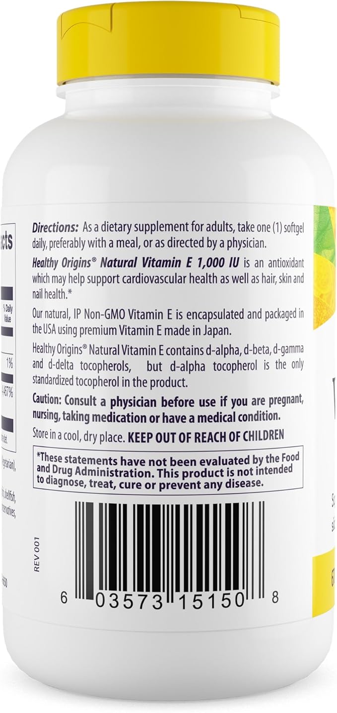 Healthy Origins Vitamin E 1,000 IU (Natural, Non-GMO, Gluten Free, Skin Support, Cardiovascular Support), 240 Softgels