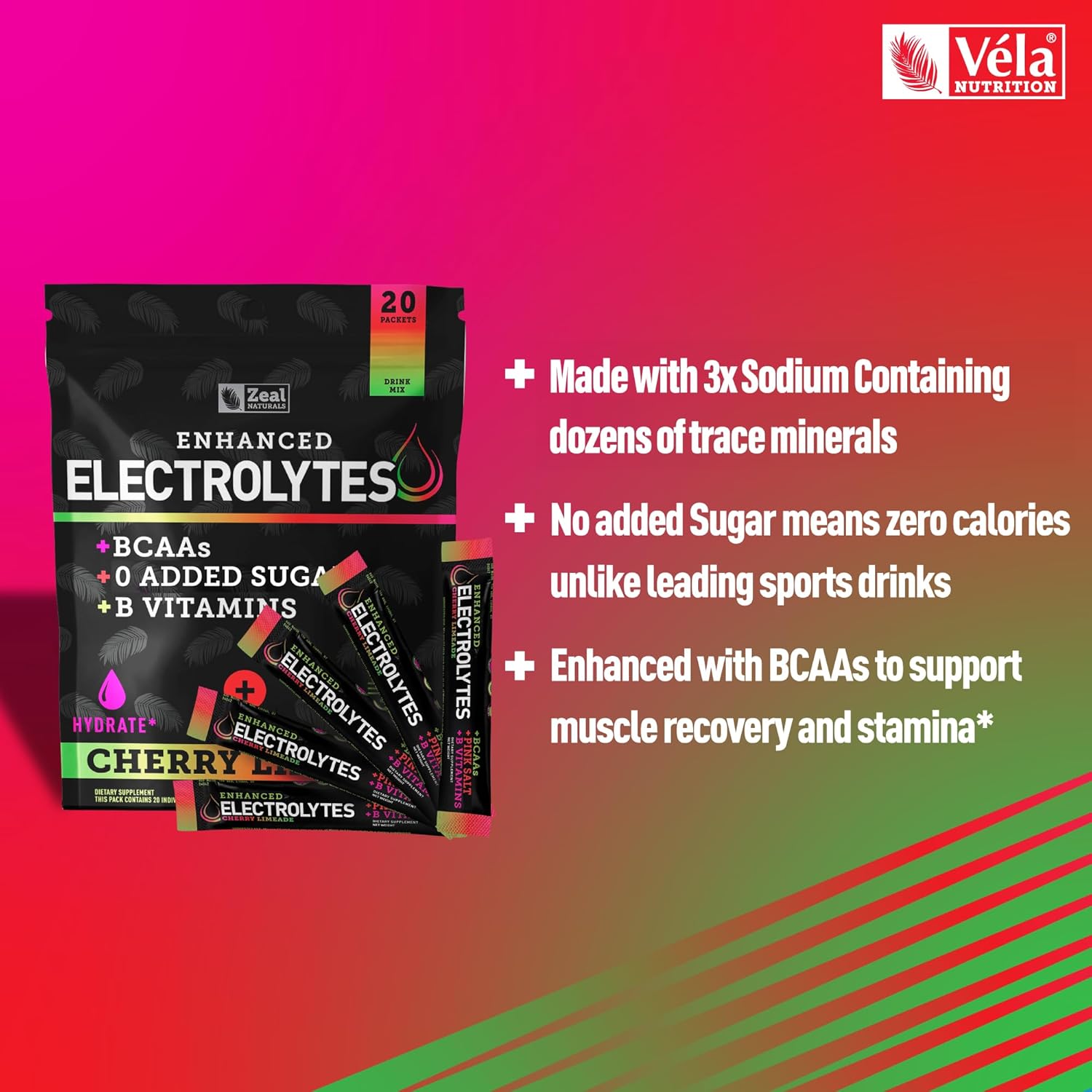 Enhanced Electrolyte Powder Stick Packs (Cherry Limeade | 20 Packets) w/ 0 Sugar +BCAAs +B-Vitamins Electrolyte Supplement w Potassium Zinc & Magnesium for Hydration - Keto Electrolytes