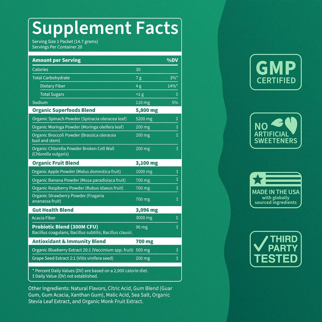 Supergreens Premium Superfood Greens Drink Mix w/Chlorella, Moringa, Spinach & Broccoli + Digestive Enzymes & Probiotic Blend -Nutrient-Packed Powder Wellness (Orange 20 SRV, Travel Pack)