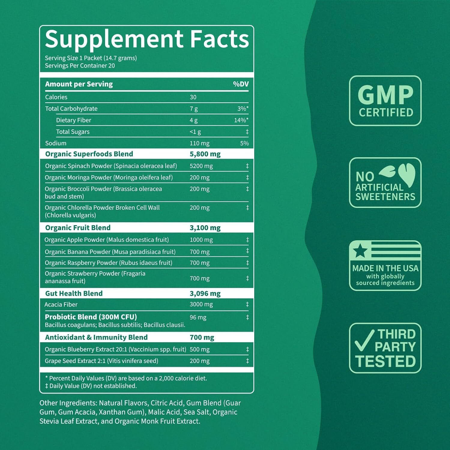 Supergreens Premium Superfood Greens Drink Mix w/Chlorella, Moringa, Spinach & Broccoli + Digestive Enzymes & Probiotic Blend -Nutrient-Packed Powder Wellness (Orange 20 SRV, Travel Pack)