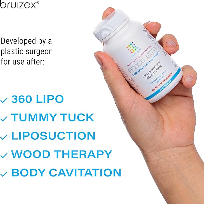 Bruizex FibroBuster Serrapeptase Proteolytic Enzymes 120,000 SPU I Fibrosis Care, Scar & Keloid Removal Supplement After 360 lipo, BBL, Liposuction, Tummy Tuck I Recovery & Immune Support I 60 caps