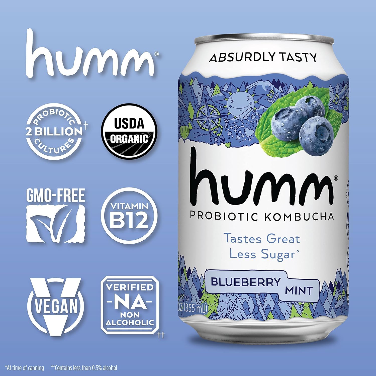 Humm Probiotic Kombucha The Original Variety 12 Pack, Organic, 2 Billion Probiotics for Gut Health, Mango Passionfruit, Blueberry Mint and Strawberry Lemonade