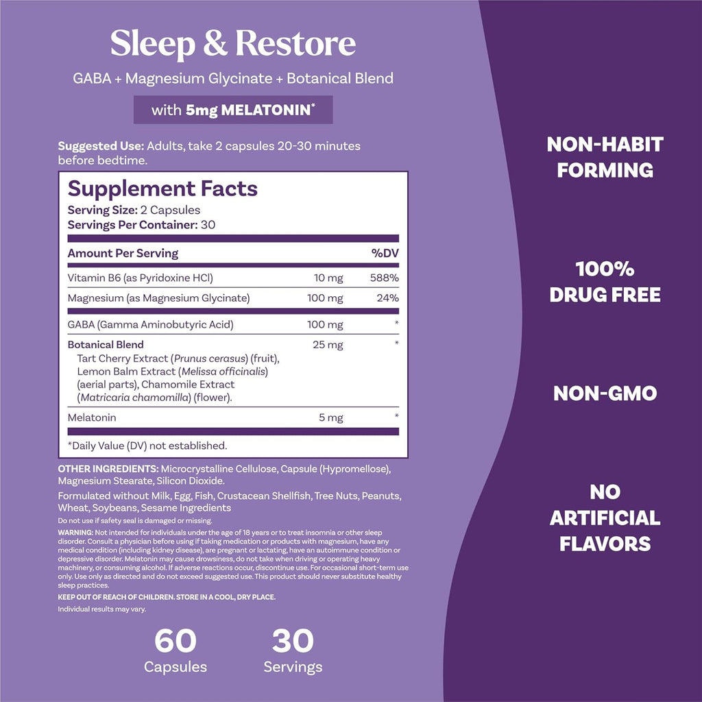 Natrol Sleep & Restore Capsules - Calm Magnesium Glycinate, Magnesium Sleep Aid with GABA, Melatonin 5mg, Botanical Blend, 30 Day Supply