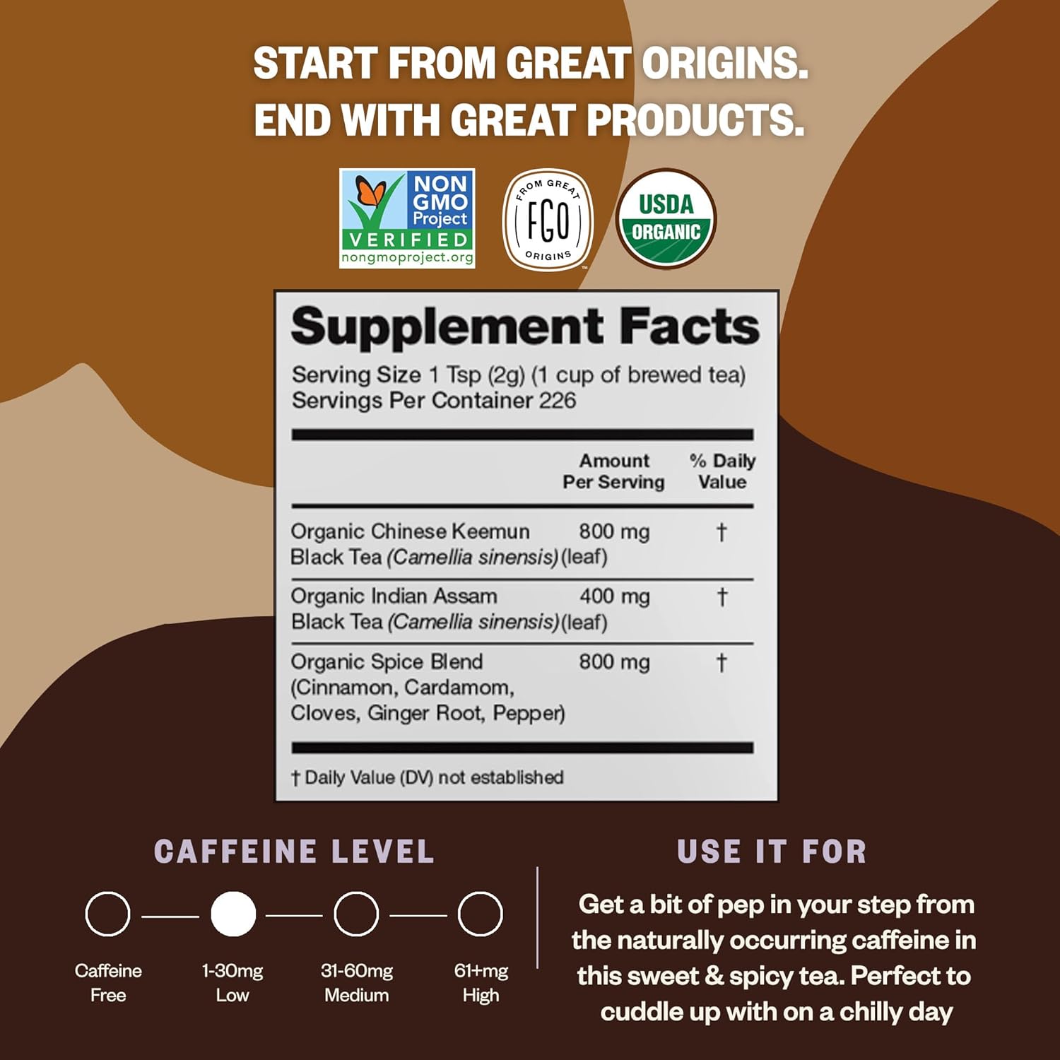 FGO Organic Chai Tea, 16 Ounce Loose Leaf Bulk Resealable Bag, Packaging May Vary (Pack of 1)