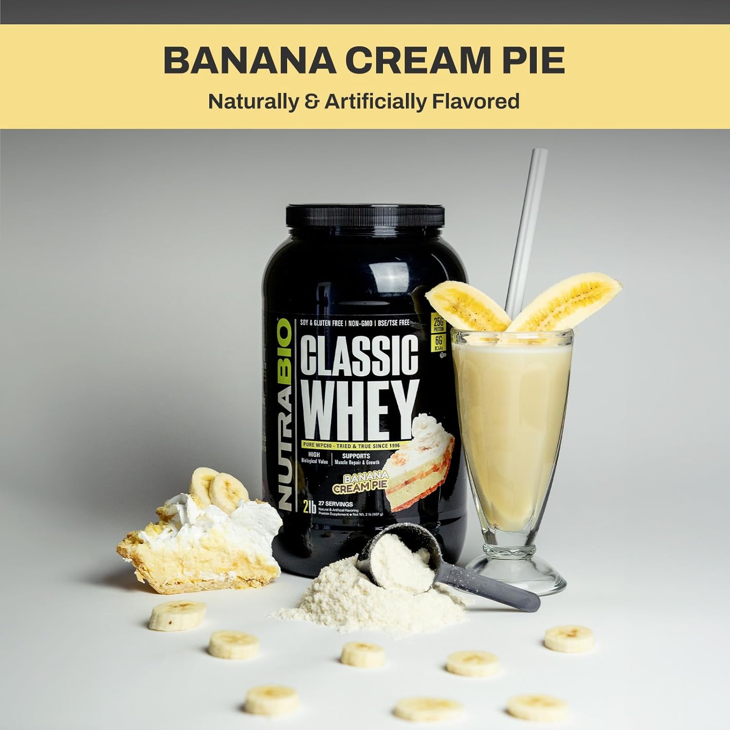 NutraBio Classic Whey Protein Powder- 25G Protein Per Scoop - Full-Spectrum Amino Acid Profile - No Fillers, Artificial Colors, Preservatives - (Banana Cream Pie, 2 Pounds)