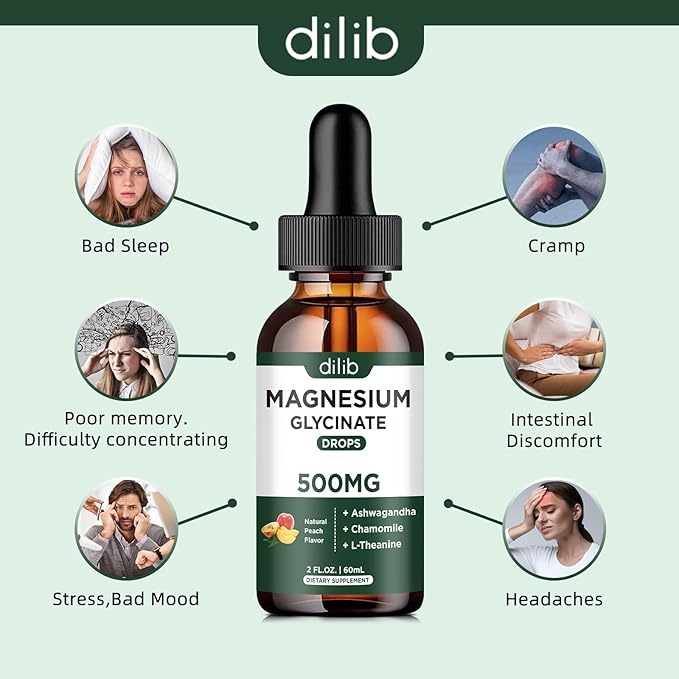 Magnesium Glycinate Liquid Drops Supplement, with Magnesium Glycinate 500mg Ashwagandha, L - Theanine, Chamomile -Support Stress Relief, Bone, Muscle, Mood Peach Flavor 2Pack