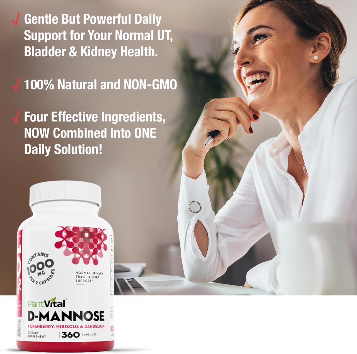 Plantvital D Mannose Capsules with Cranberry - D-mannose 1000mg Capsules - High Potency for Bladder, Kidney and Urinary Tract Support. Cranberry Powder with Hibiscus and Dandelion. 6 Months Supply