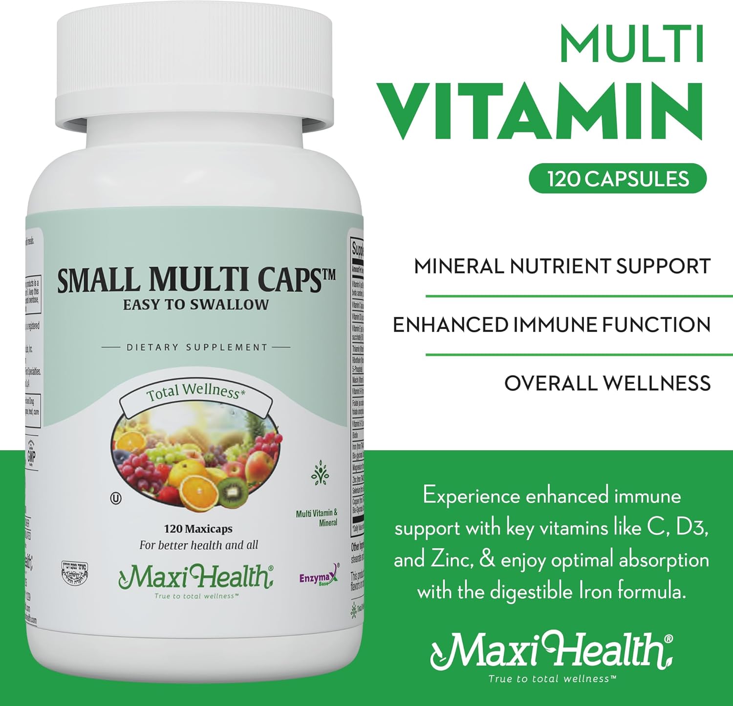 Maxi Health Multivitamin – Easy to Swallow Multi Vitamin Capsules with 30 Nutrients, Iron & Probiotics – Kosher Daily Multivitamins Small Capsules for Wellness Support & Digestive Ease (120 Units)