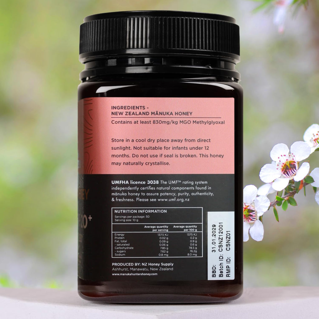 Manuka Hunters UMF 20+/MGO 830+ Certified New Zealand Manuka Honey - 100% Pure Natural Sweetener - Gluten, Dairy Free - Ideal for Tea, Coffee, Smoothies, and Baking - Sustainable - 1.1lb/500g Jar