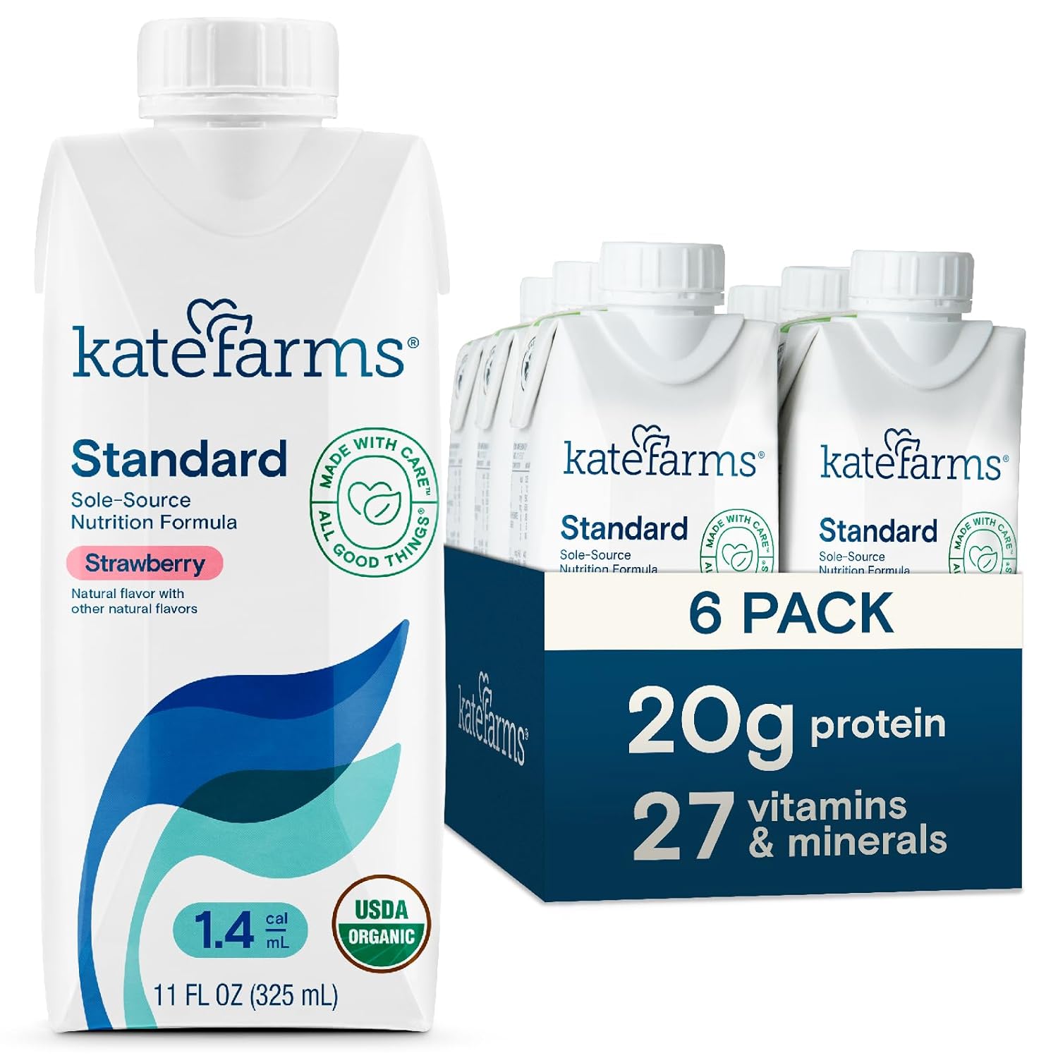 KATE FARMS Organic 1.4 High Calorie Nutrition Shake, Strawberry, 20g Protein, 27 Vitamins and Minerals, Meal Replacement, 11 oz (6 Pack)