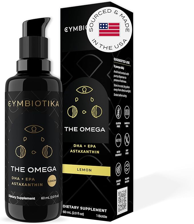 CYMBIOTIKA DHA Vegan Omega-3 Liquid Supplement with EPA & Astaxanthin, Lemon Flavor, 2 oz, Keto-Friendly, Gluten-Free, Fish Oil-Free