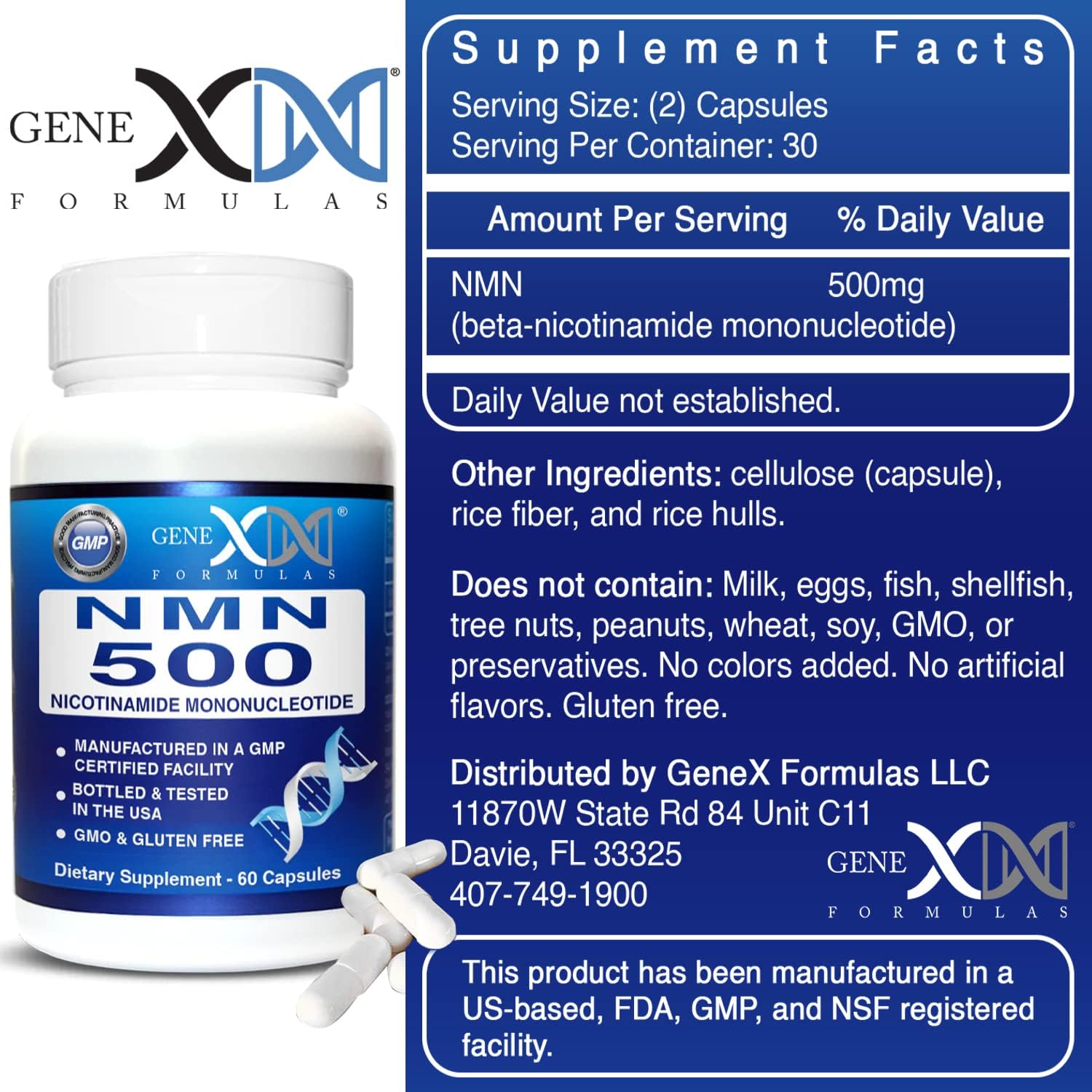 Genex Formulas NMN 500mg - 99% Pure Shelf Stabilized Supplement Capsules for Increased NAD Levels & Healthy Aging, GMP Certified, 500mg per Serving, 60 Capsules