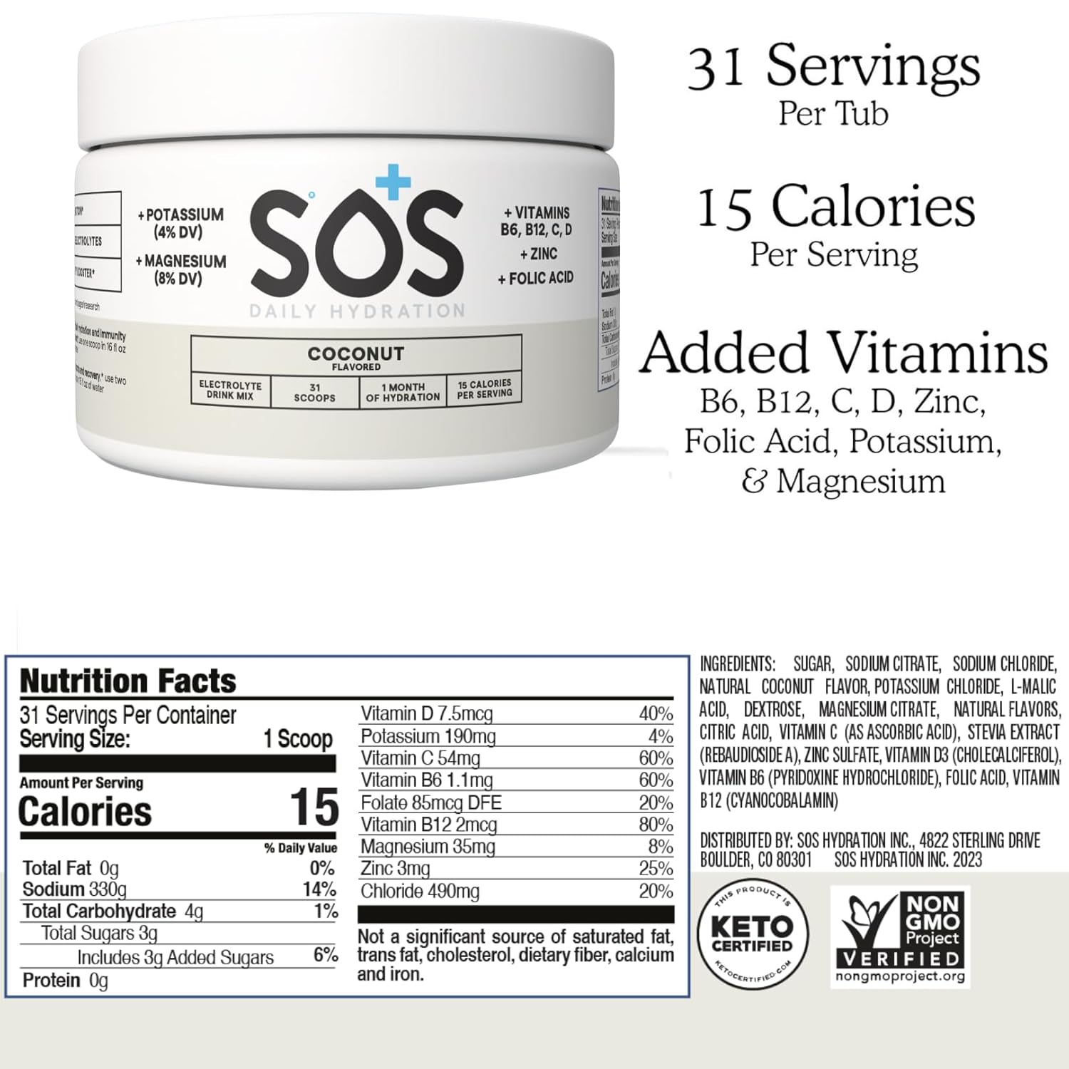 SOS Hydration Electrolyte Powder Drink Mix – Coconut, 31 Servings | Low Sugar Electrolytes, 15 Cal | Keto Hydration Powder for Rapid Rehydration
