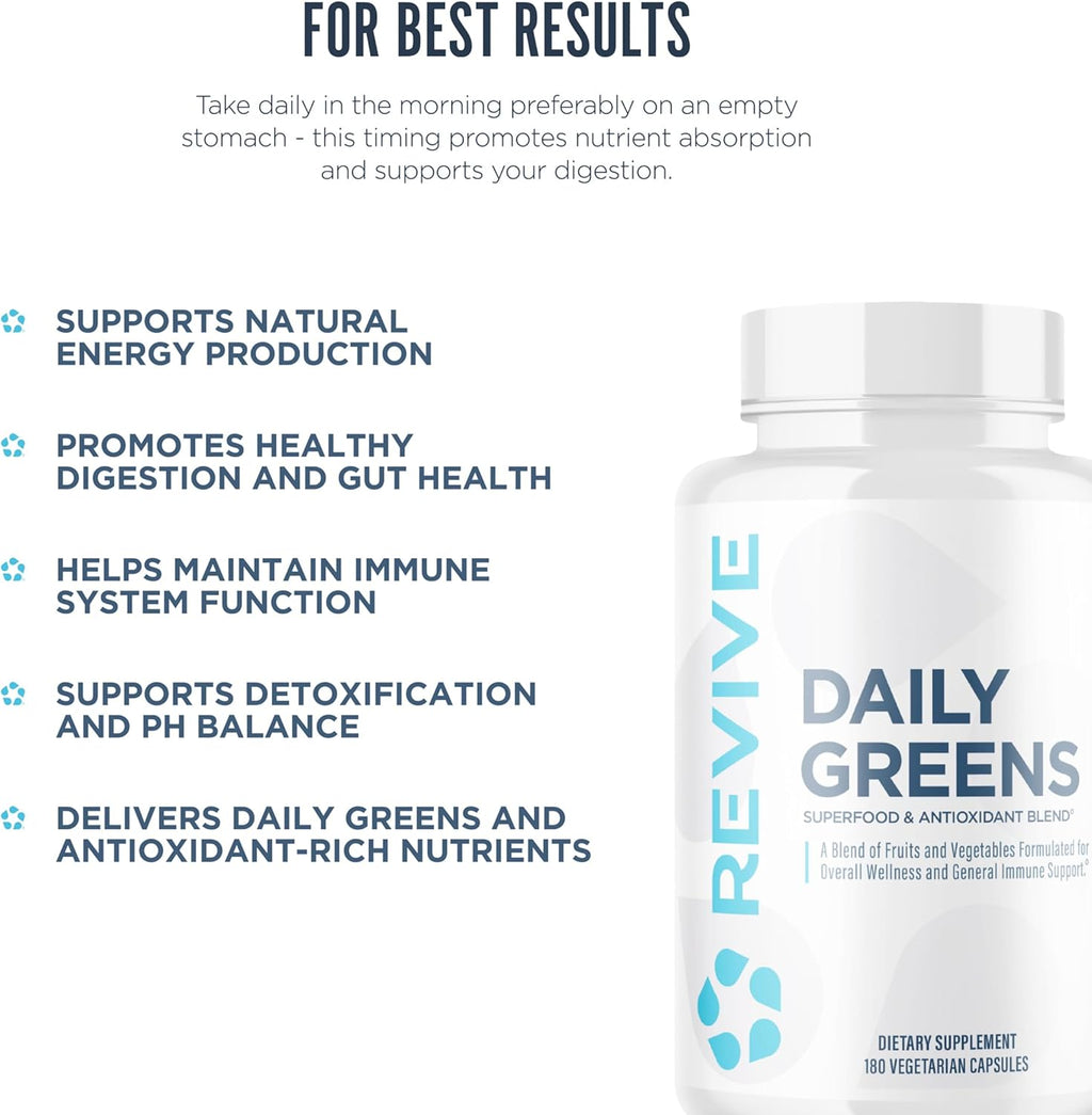 Revive MD Daily Greens Supplement for Men & Women - Superfood & Antioxidant Blend with Digestive Enzymes, Prebiotics & Probiotics for Immune Support, Digestive & Gut Health - 180 Capsules