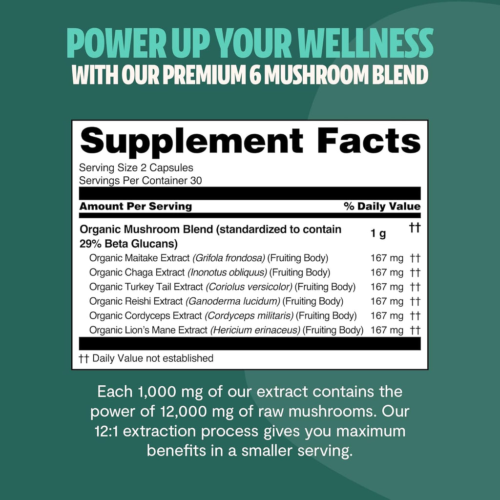 FreshCap Mushrooms Ultimate Mushroom Supplement 12,000mg - Nootropic Mushroom Complex Capsules, Organic Mushrooms Supplement, Nootropic Brain Supplements for Memory and Focus Ayurveda (60 Capsules)
