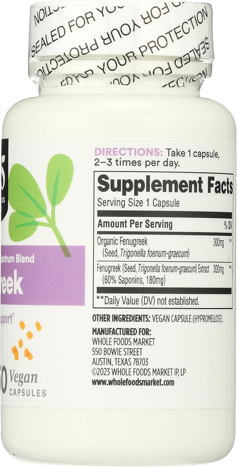 365 by Whole Foods Market, Fenugreek Standardized + Full Spectrum Blend, Lactation Support, Vegan Capsules, 60 Count