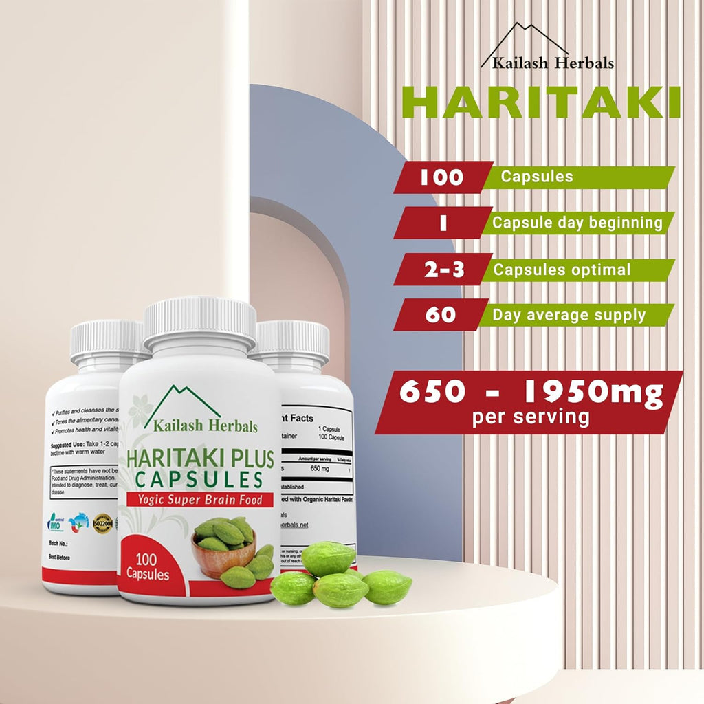 Organic Haritaki Capsules - Improves Digestion - Detoxification & Rejuvenation – Maintains Regularity - Brain Function- 100 Capsules Terminalia chebula | Vegan, Non-GMO