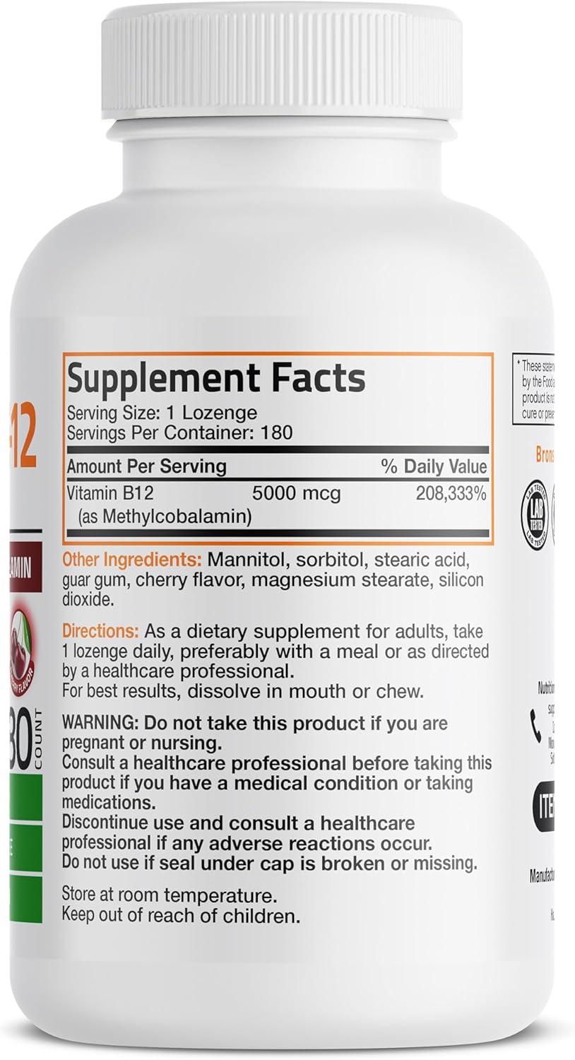 Bronson Methyl B12 5000 mcg Vitamin B12 Methylcobalamin Energy & Brain Support, 180 Lozenges