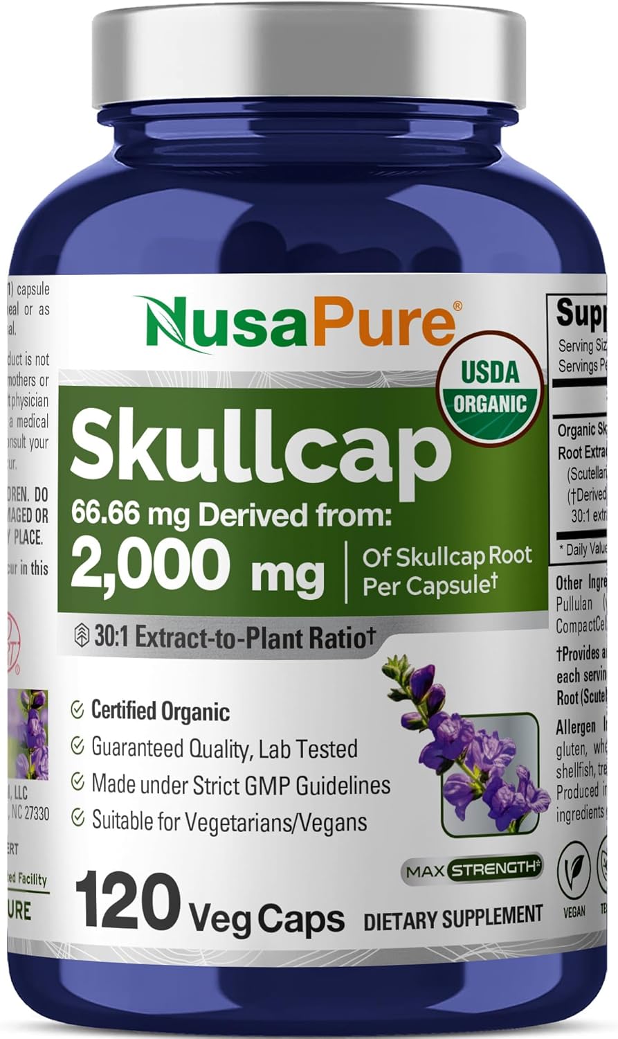 NusaPure Organic Skullcap Root 30:1 Extract, 66.66 mg Equivalent to 2,000mg Per Veggie Caps 120 Count (Non-GMO, Vegan)