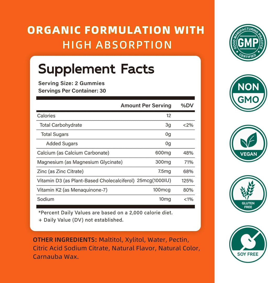 Calcium Magnesium Zinc Gummies with Vitamin D3 & K2 - High Potency Enhanced Absorption -120 Orange Gummies Flavored