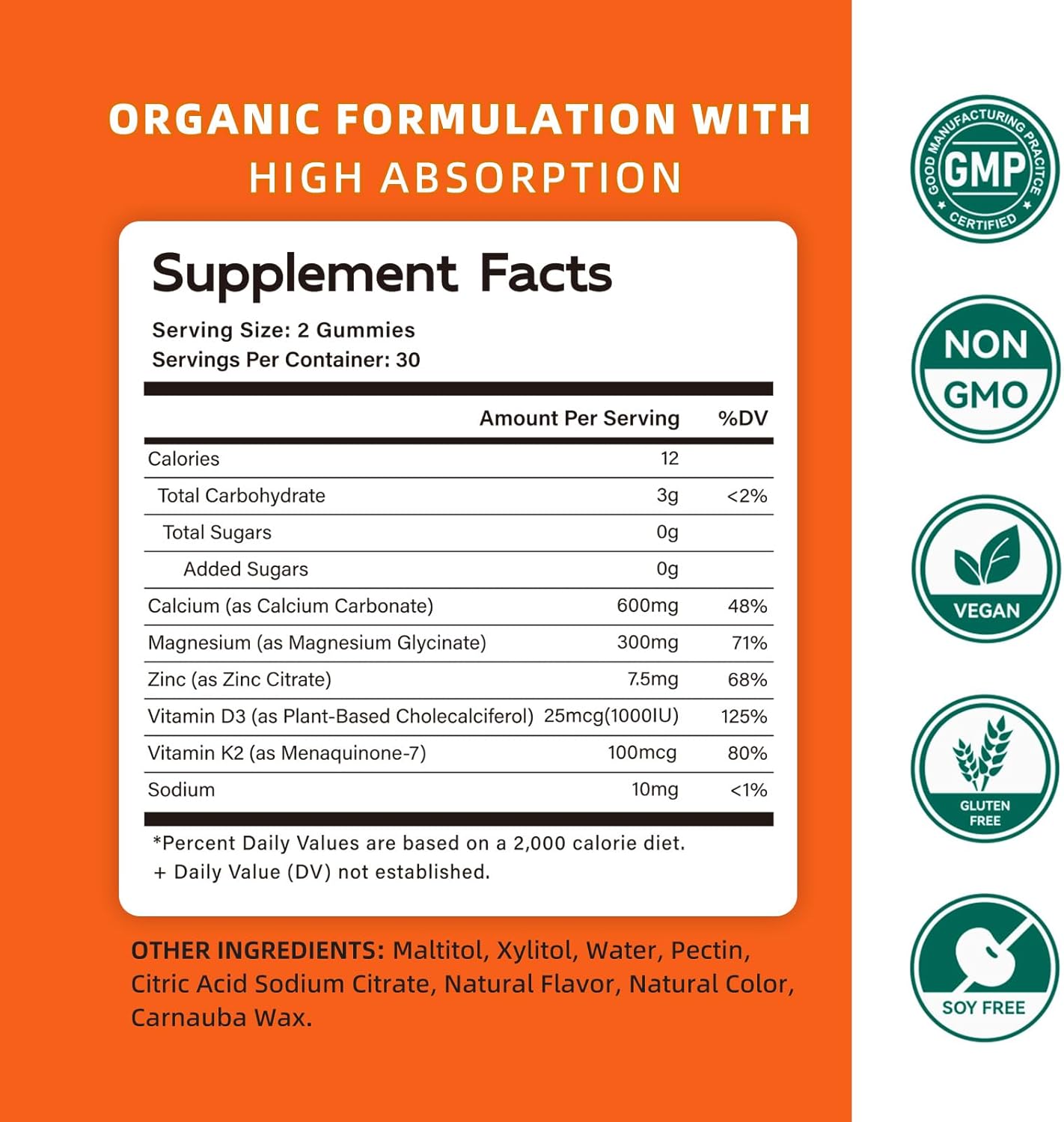 Calcium Magnesium Zinc Gummies with Vitamin D3 & K2 - High Potency Enhanced Absorption -120 Orange Gummies Flavored