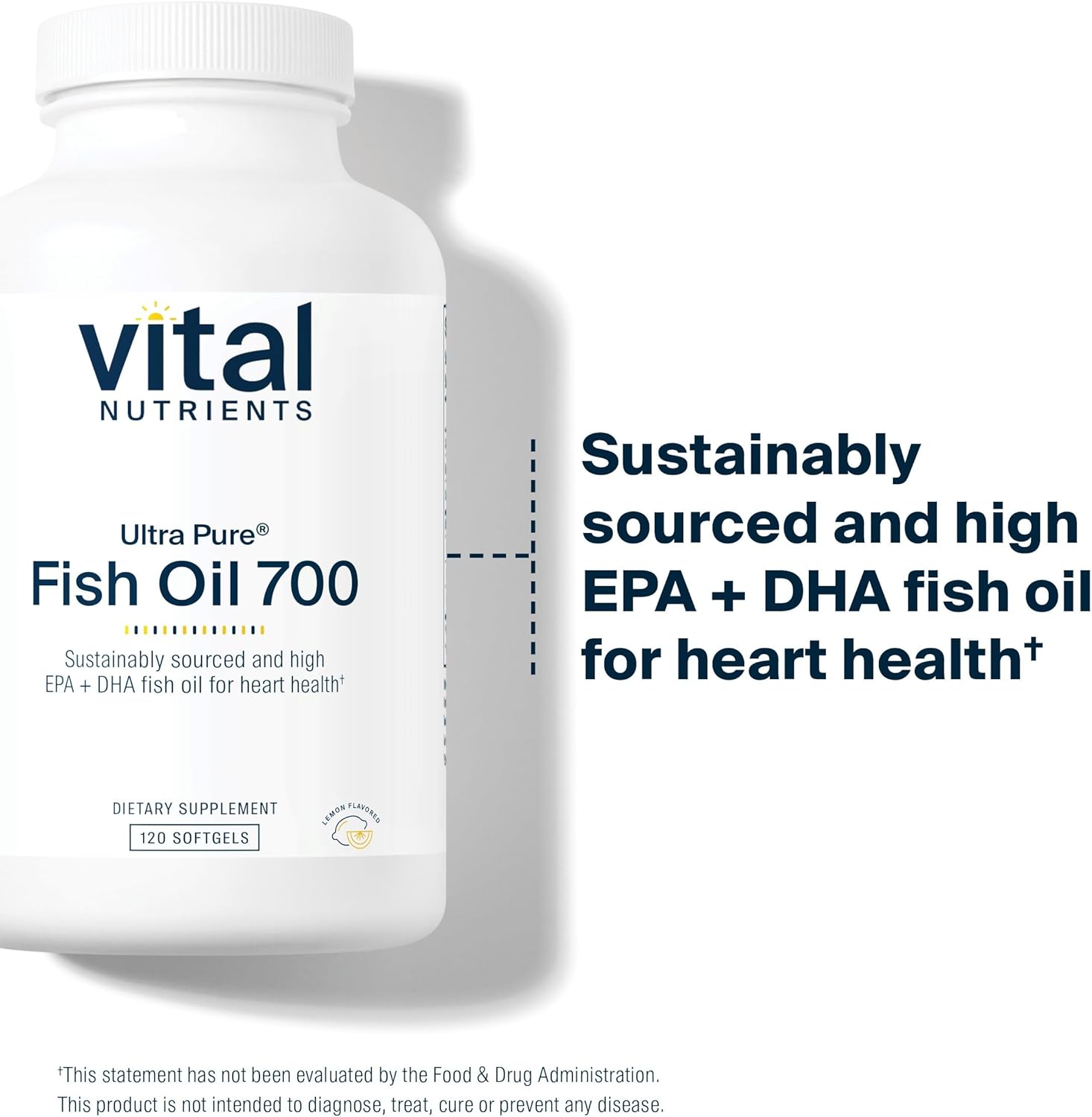 Vital Nutrients Ultra Pure® Fish Oil 700 | Supports Heart, Brain, and Joint Health* | Sustainably Sourced High EPA & DHA Omega-3 Fatty Acid | Lemon Flavor | Gluten, Dairy & Soy Free | 120 Softgels