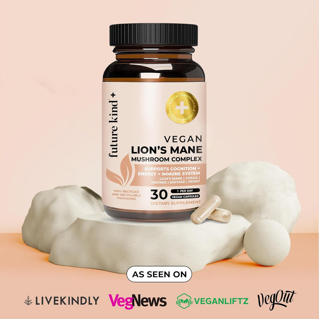 Future Kind Vegan Lion’s Mane Mushroom Complex - Brain Supplement with Chaga, Maitake, Shiitake, & Reishi, Supports Memory and Focus (30ct)