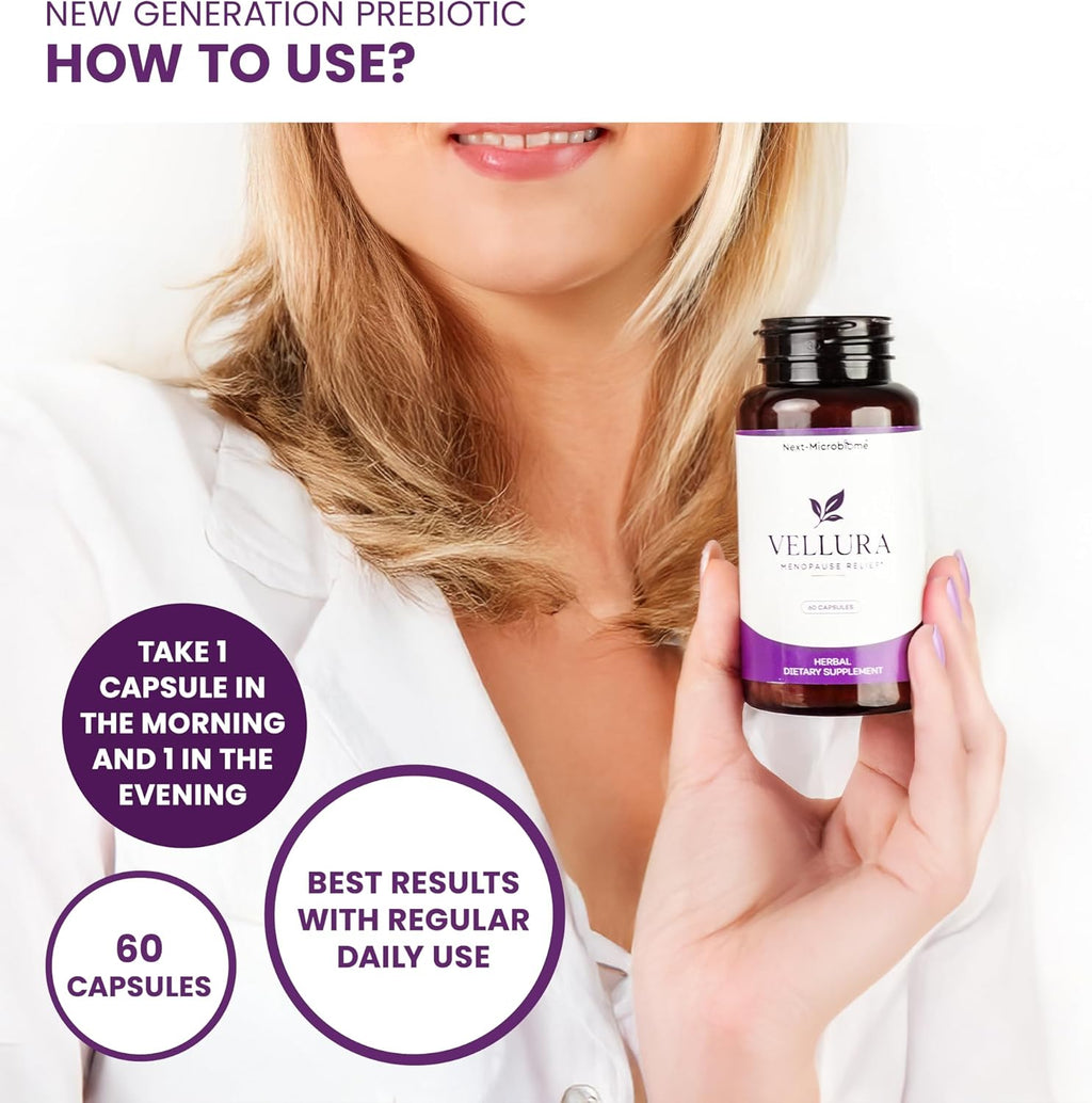 Vellura Menopause Relief - Advanced Herbal Supplement with Prebiotic Blend for Menopausal Support, Hot Flash Relief, Mood Stabilization - 60 Capsules