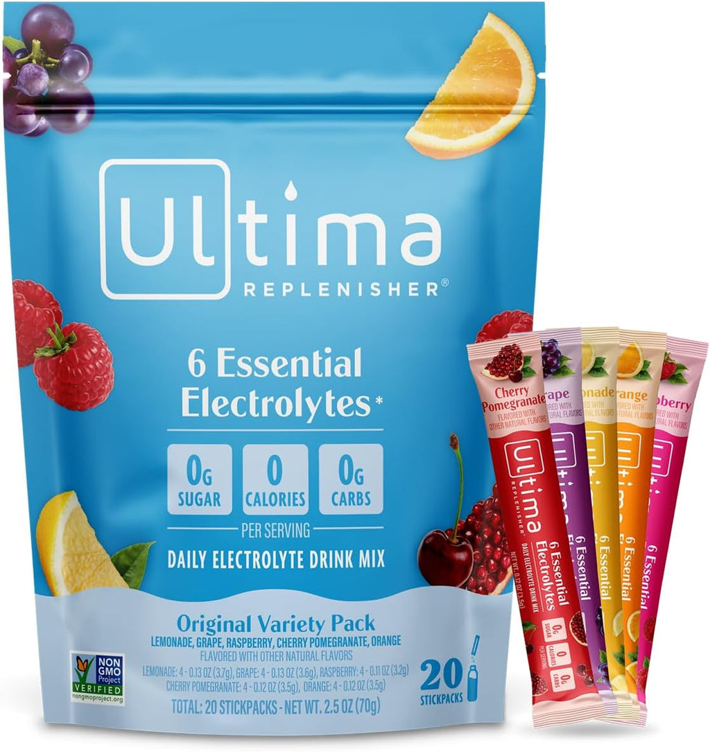 Ultima Replenisher Daily Electrolyte Powder Drink Mix – Sugar Free – Original Variety, 20 Stickpacks – Hydration Packets with 6 Electrolytes and Minerals – Keto Friendly, Vegan, Non-GMO