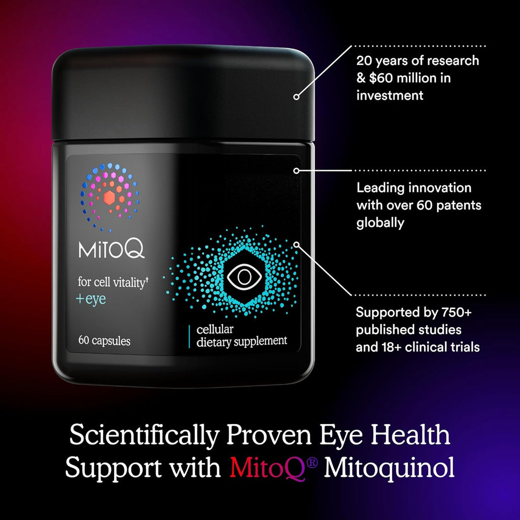 MitoQ +Eye Advanced CoQ10 Antioxidant - Contains Mitoquinol Mesylate, Lutein, Zeaxanthin, Bilberry, Maritime Pine Bark - Supports Eye Health, Blue Light Filtration & Cell Vitality (60 Capsules)