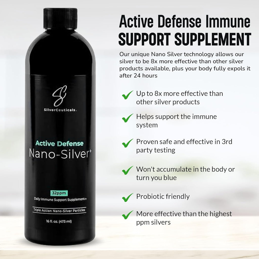 Colloidal Silver w/Nano Technology - 32ppm 16oz - 8X More Effective - Natural Immune Support - Save The Sick Days - Ages 5 & Up - Outperforms Higher PPM Silvers - No Taste & Smell - 3rd Party Tested
