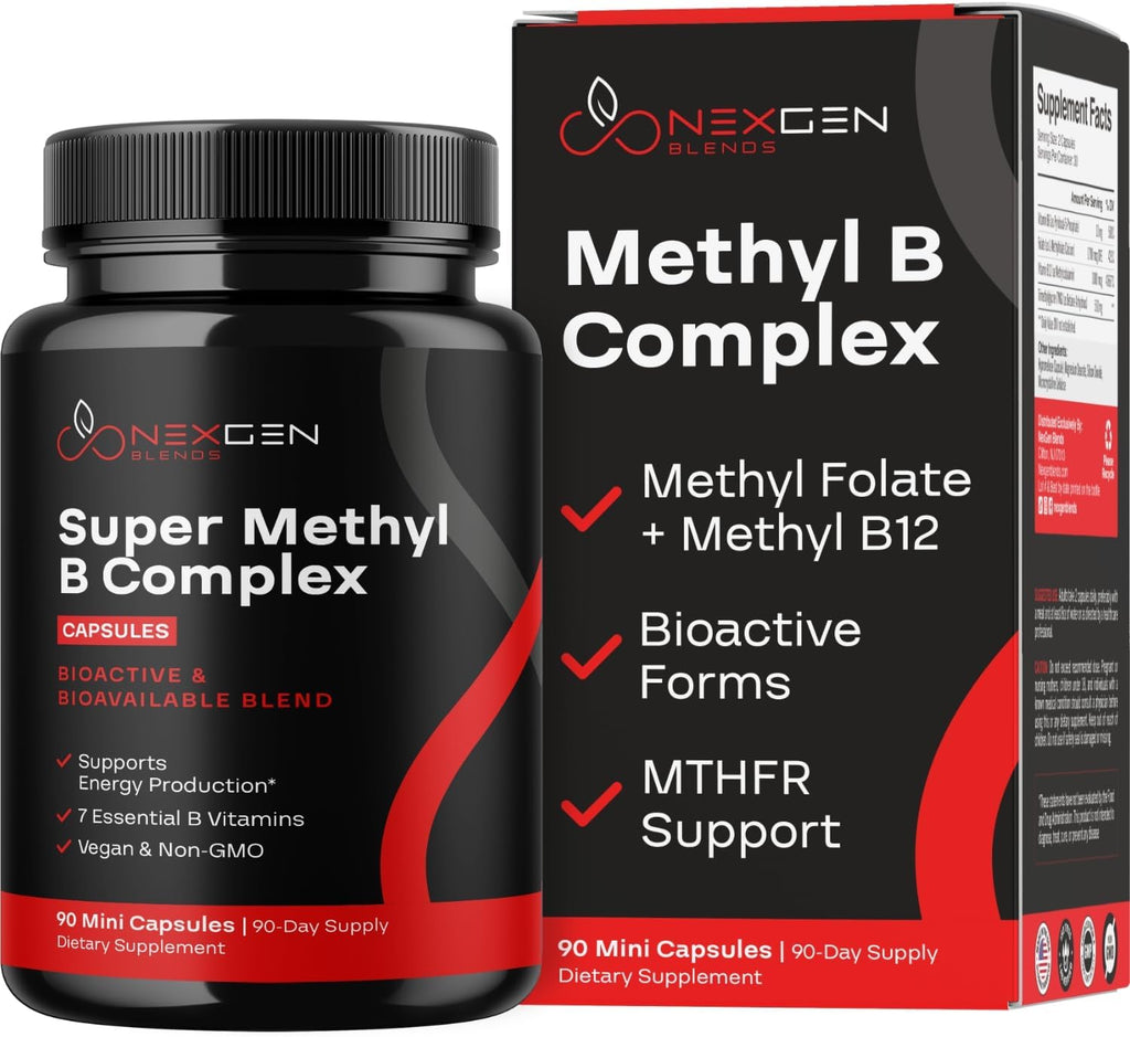 Methylated B Complex Vitamin Supplement - Bioactive Methyl B Complex with 5-MTHF Methyl Folate & B12 Methylcobalamin for Brain Heart Energy & Homocysteine Support - Super Vitamin B Complex - 90 Caps