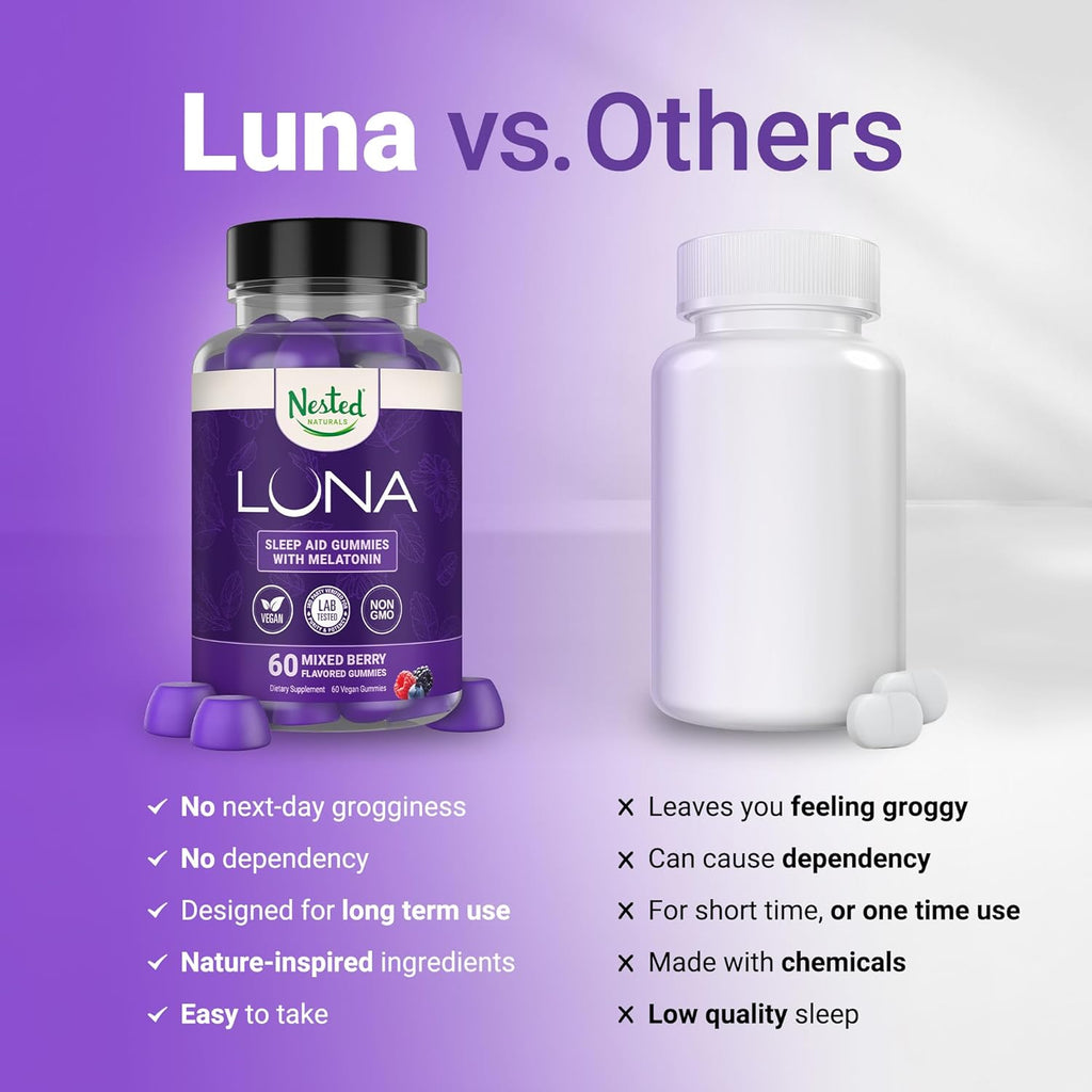 Nested Naturals Luna Sleep Gummies - Non-Habit Forming Melatonin Gummies 3mg with L-Theanine, Valerian Root, GABA, and Lemon Balm - Sleep Gummy for Adults - Mixed Berry, 60 Vegan Gummies
