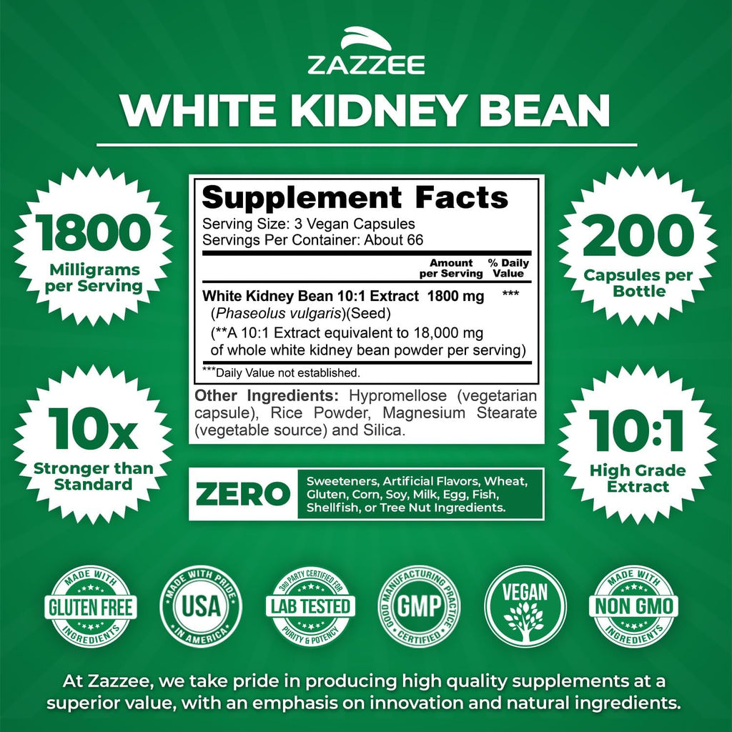 Zazzee White Kidney Bean 10:1 Extract, 1800 mg per Serving, 200 Vegan Capsules, Over 2 Month Supply, Standardized, Concentrated 10X Extract, 100% Vegetarian, All-Natural and Non-GMO, Made in The USA