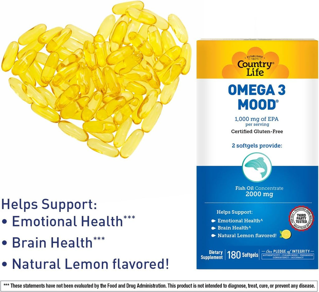 Country Life Omega 3 Fish Oil Supplement - High Concentration EPA and DHA Omega 3 Fatty Acids - 2000mg Fish Oil for Emotional Health, Mood Support, and No Fish Taste - Natural Lemon Flavor