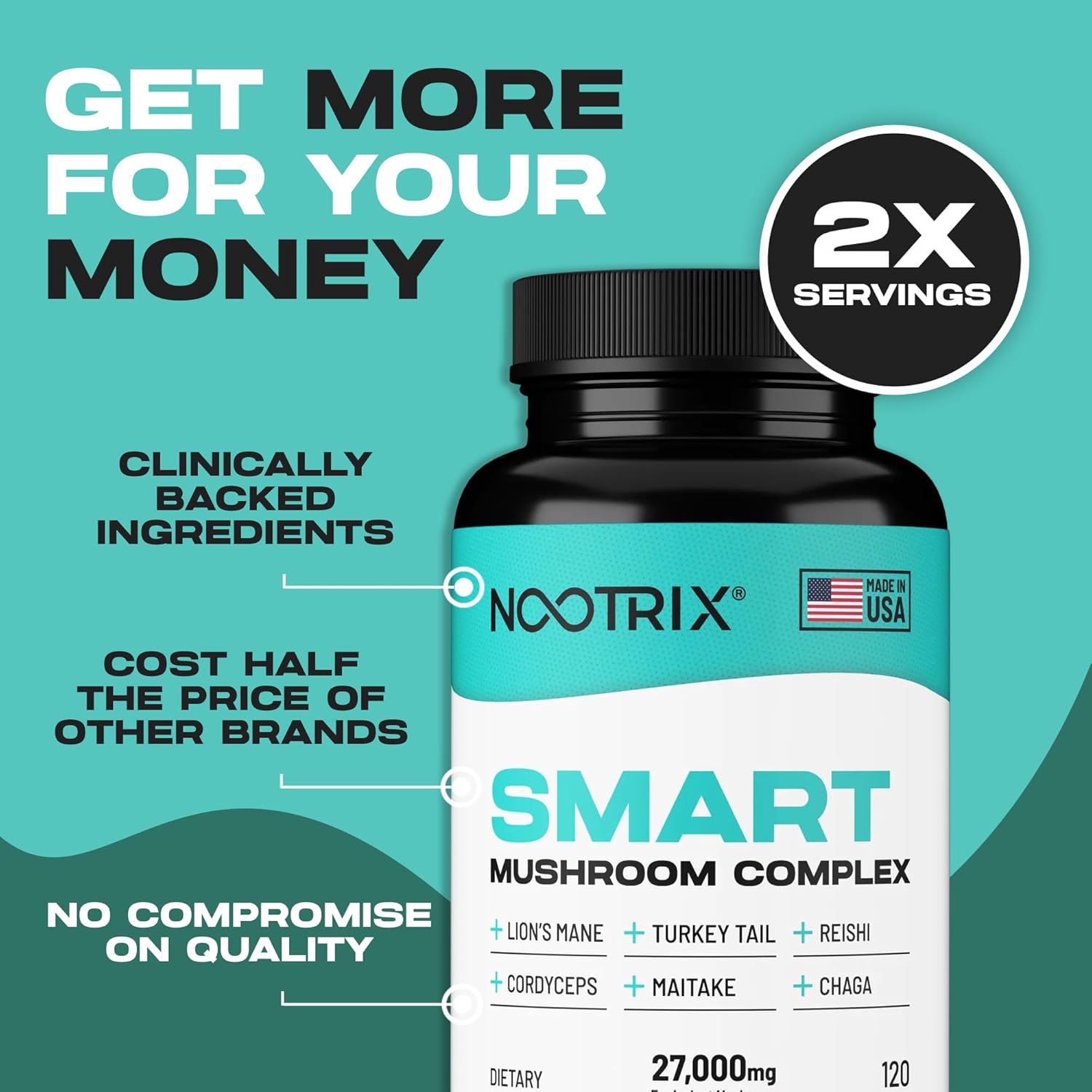 Smart Mushrooms Complex Supplement | Supports Memory, Mental Focus, Cognitive Health & Energy | 27,000mg Organic Mushrooms | Lions Mane, Reishi, Cordyceps, Chaga & Turkey Tail | 240 Capsules